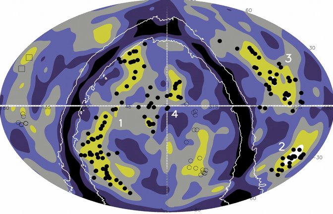 Galaxien (flächige Farben) und Galaxienhaufen (schwarze Punkte) in einer Entfernung von 416 bis 826 Millionen Lichtjahren. Bekannt sind 5 Superstrukturen: 1 Quipu, 2 Shapley, 3 Serpens-Corona Borealis und Herkules (übereinander), 4 Sculptor-Pegasus.<span class='image-autor'>Foto: MPE/MPP</span>