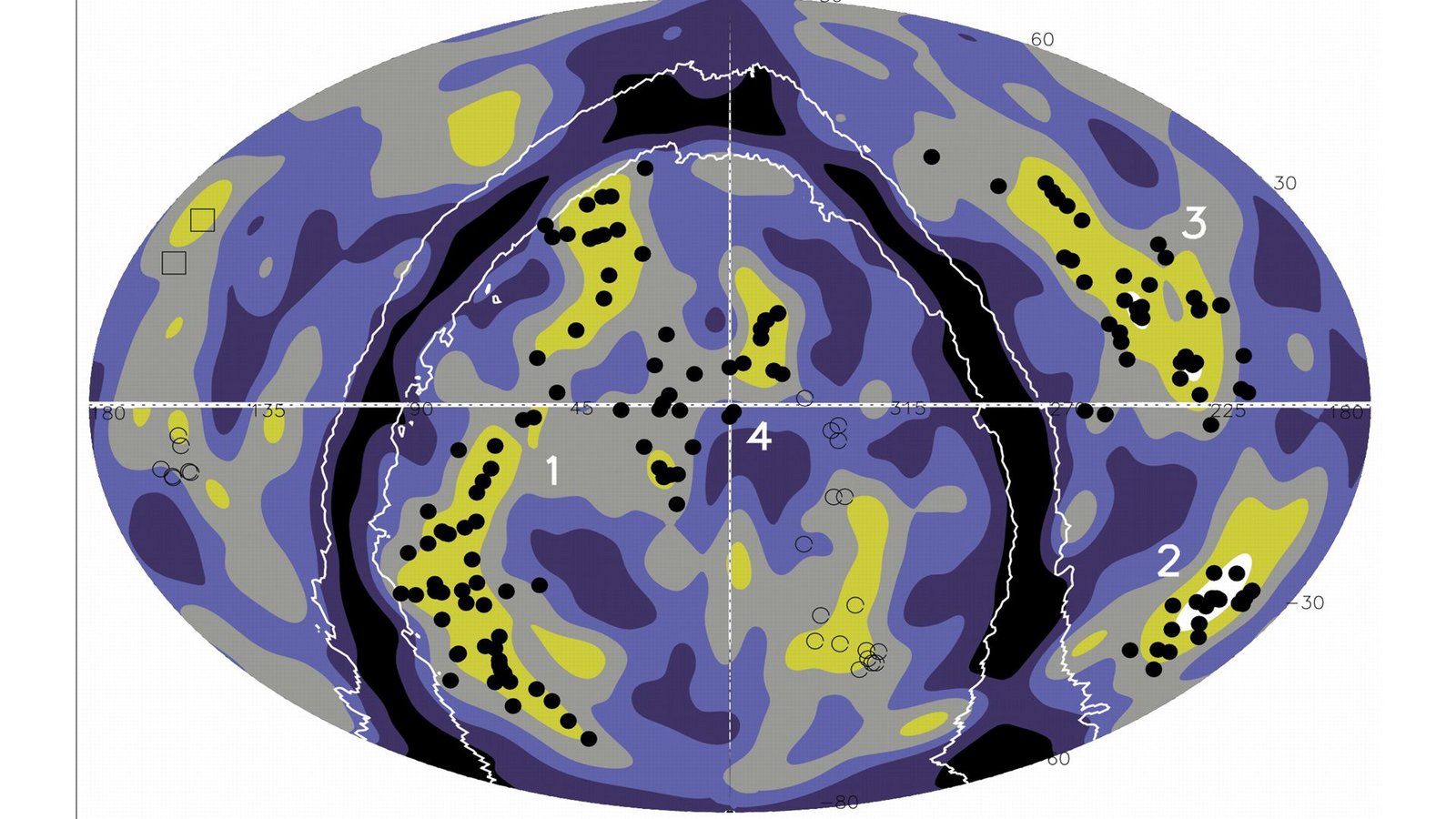 Galaxien (flächige Farben) und Galaxienhaufen (schwarze Punkte) in einer Entfernung von 416 bis 826 Millionen Lichtjahren. Bekannt sind 5 Superstrukturen: 1 Quipu, 2 Shapley, 3 Serpens-Corona Borealis und Herkules (übereinander), 4 Sculptor-Pegasus.Foto: MPE/MPP Galaxien (flächige Farben) und Galaxienhaufen (schwarze Punkte) in einer Entfernung von 416 bis 826 Millionen Lichtjahren. Bekannt sind 5 Superstrukturen: 1 Quipu, 2 Shapley, 3 Serpens-Corona Borealis und Herkules (übereinander), 4 Sculptor-Pegasus.Foto: MPE/MPP