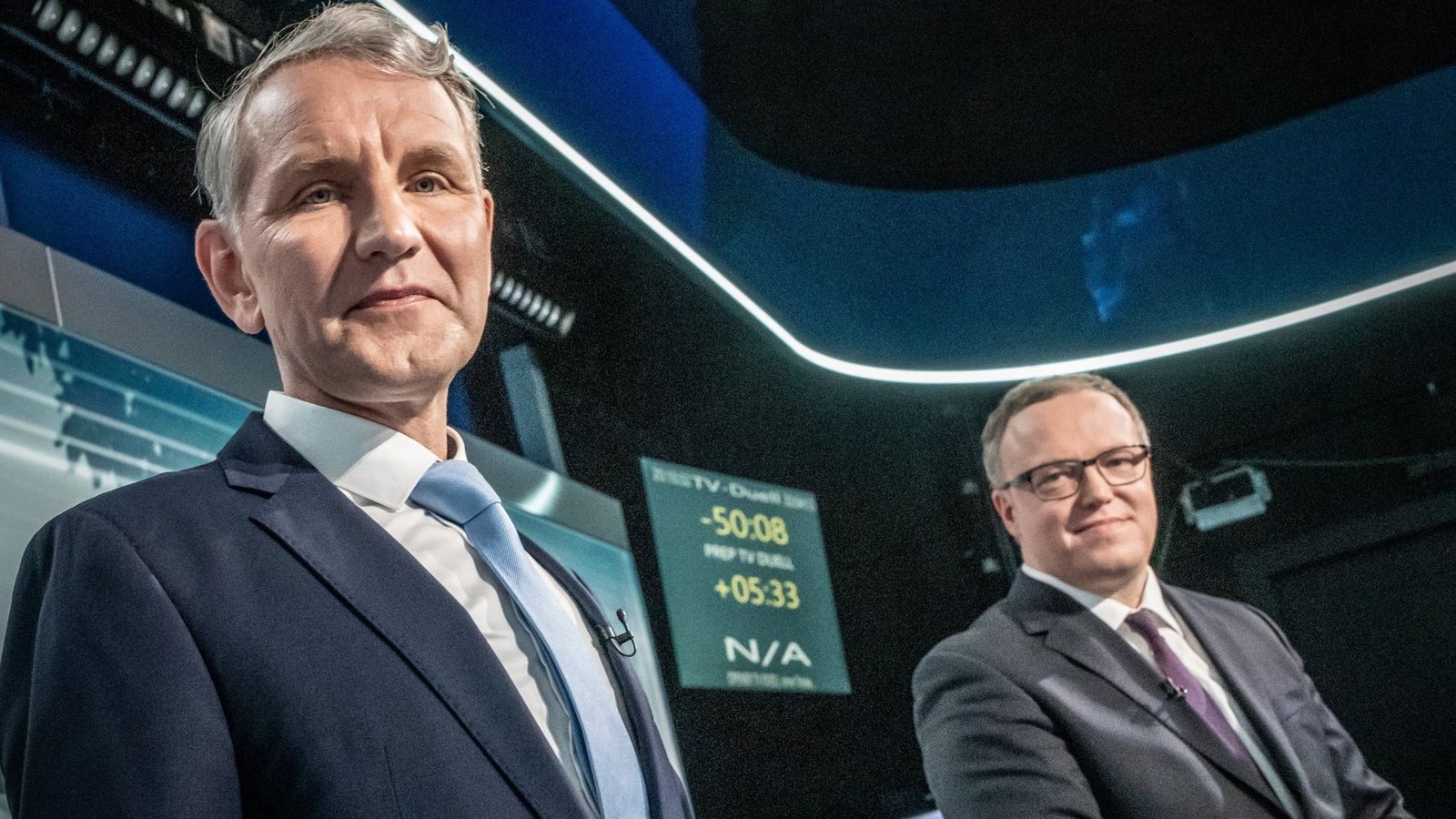 Björn Höcke und Mario Voigt beim TV-Duell.Foto: dpa/Michael Kappeler Björn Höcke und Mario Voigt beim TV-Duell.Foto: dpa/Michael Kappeler