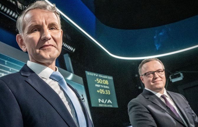 Björn Höcke und Mario Voigt beim TV-Duell.<span class='image-autor'>Foto: dpa/Michael Kappeler</span>
