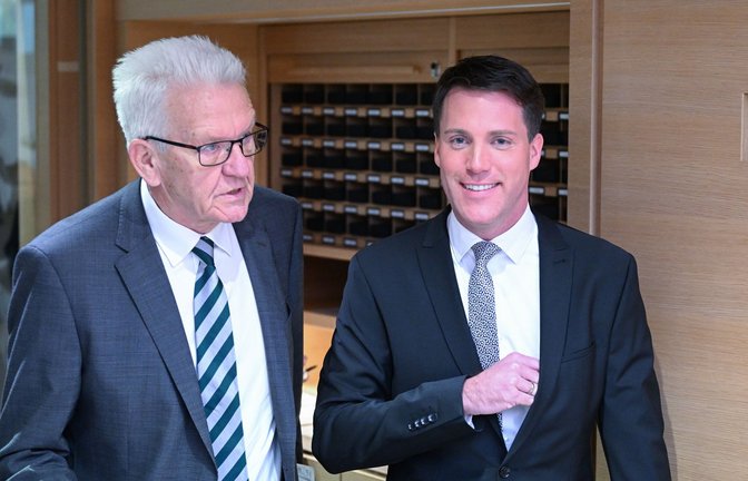 Winfried Kretschmann (li.) und Manuel Hagel<span class='image-autor'>Foto: dpa/Bernd Weißbrod</span>