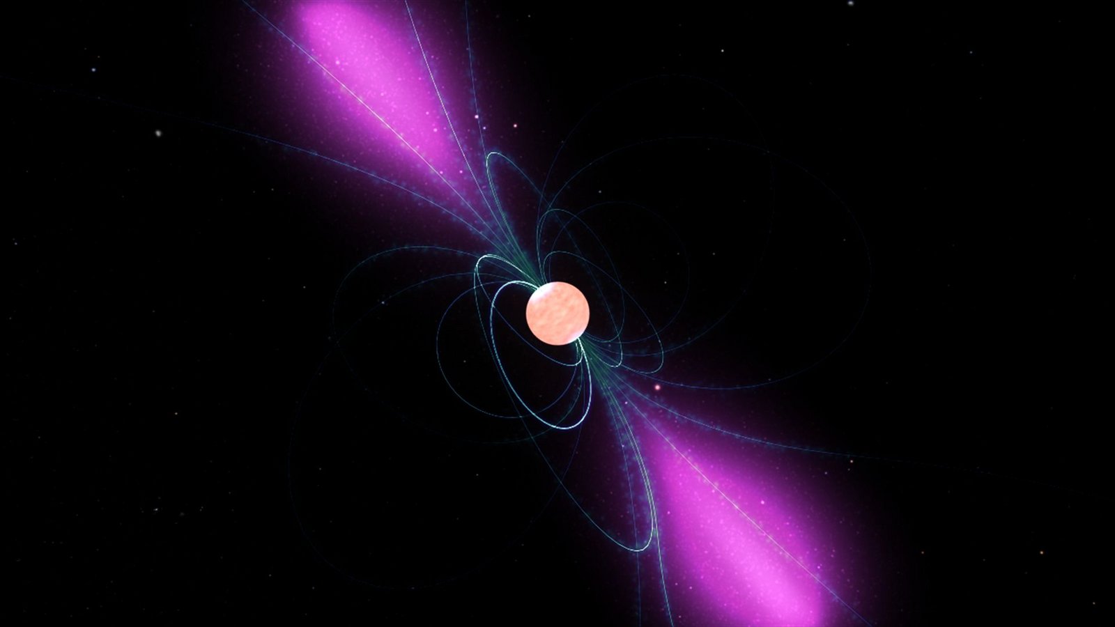 Künstlerische Darstellung eines rotierenden Pulsars mit seinem starken Magnetfeld, das sich mit ihm dreht. Wolken geladener Teilchen bewegen sich entlang der Feldlinien und ihre Gammastrahlen werden wie ein Leuchtturmlicht ausgestrahlt.Foto: © Nasa/Goddard Space Flight Center Conceptual Image Lab Künstlerische Darstellung eines rotierenden Pulsars mit seinem starken Magnetfeld, das sich mit ihm dreht. Wolken geladener Teilchen bewegen sich entlang der Feldlinien und ihre Gammastrahlen werden wie ein Leuchtturmlicht ausgestrahlt.Foto: © Nasa/Goddard Space Flight Center Conceptual Image Lab
