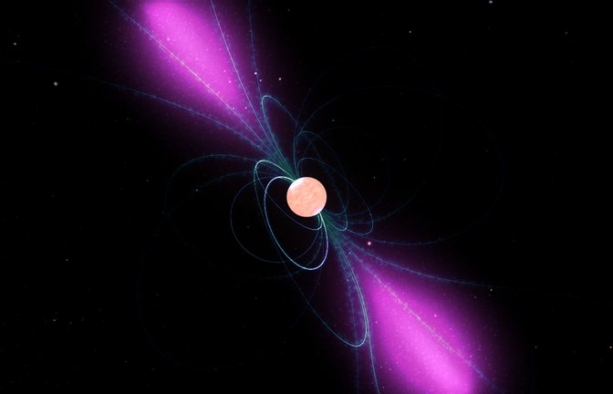 Künstlerische Darstellung eines rotierenden Pulsars mit seinem starken Magnetfeld, das sich mit ihm dreht. Wolken geladener Teilchen bewegen sich entlang der Feldlinien und ihre Gammastrahlen werden wie ein Leuchtturmlicht ausgestrahlt.<span class='image-autor'>Foto: © Nasa/Goddard Space Flight Center Conceptual Image Lab</span>