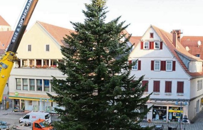 Weihnachten rückt näher. Auf dem Vaihinger Marktplatz ist bereits der Weihnachtsbaum am Haken. Foto: Bögel