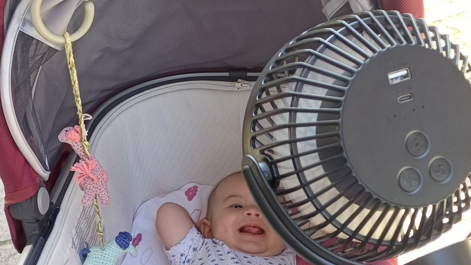 Hitze: Gute Laune im Kinderwägele, Liv hat ja ihren Ventilator dabei. Foto: Rücker