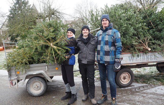 Entsorgung Weihnachtsbäume Christbäume Jutta Glöckle, Adrijan Federer sowie beim Fahrer Marc Lorch. Foto: Lorch