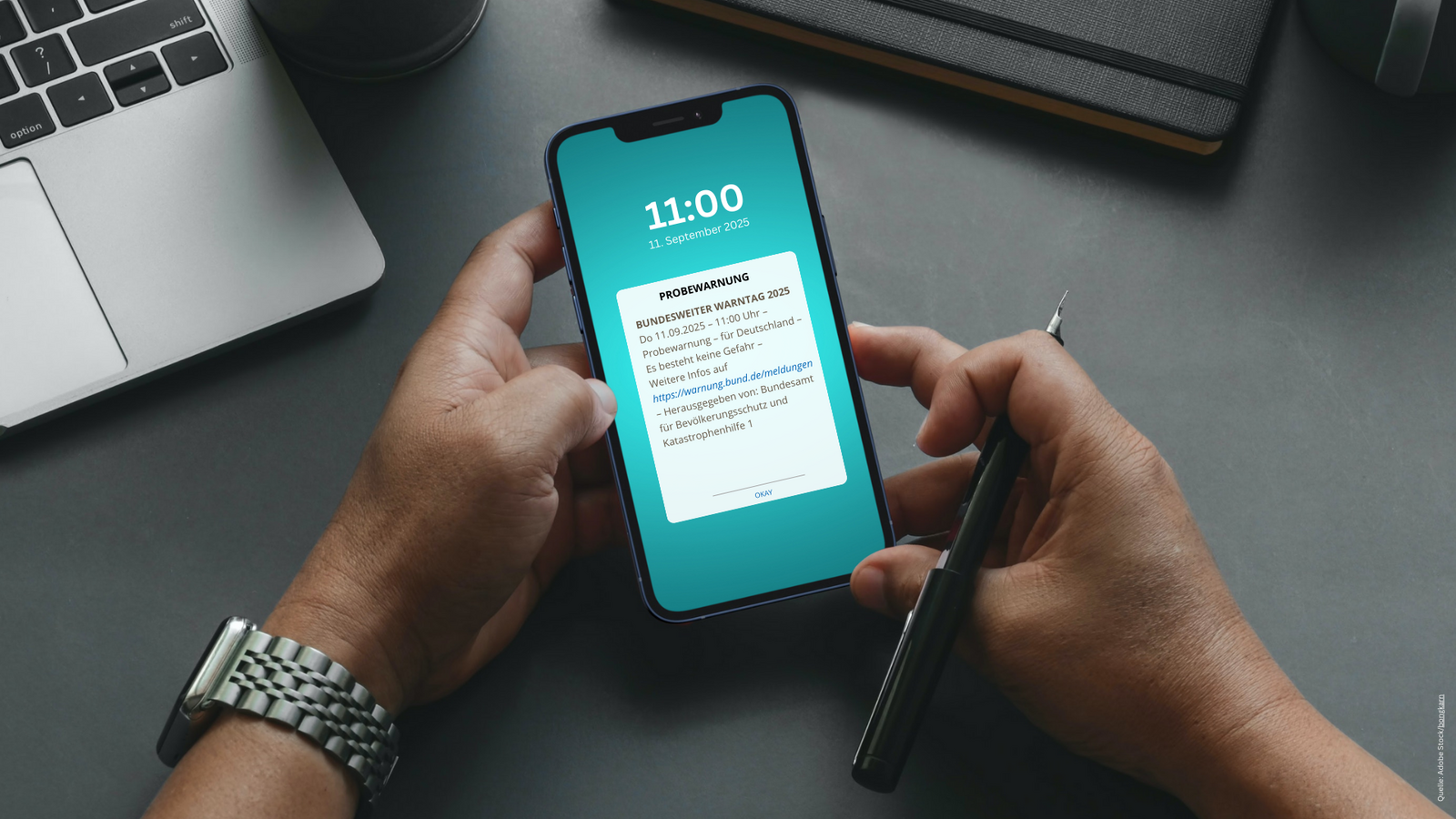 Die Meldung kommt direkt auf das Handy.Foto: Bundesamt für Bevölkerungsschutz und Katastrophenhilfe