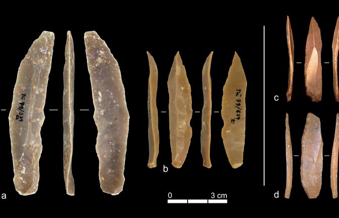 Beispiele für Steinartefakte aus dem Ahmarien von Ksar Akil (a & b) und dem Protoaurignacien von Grotta di Fumane (c) sowie Grotta di Castelcivita (d).  <span class='image-autor'>Foto: Universität Tübingen/Armando Falcucci</span>