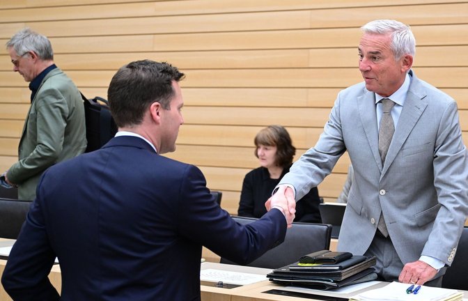 Manuel Hagel und Thomas Strobl demonstrieren am Mittwoch Einigkeit im Landtag.<span class='image-autor'>Foto: dpa/Bernd Weißbrod</span>