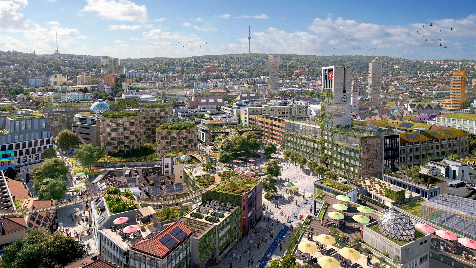 Mehr Luft, mehr Grün, Gemeinsamkeit: So könnte eine klimagerechte Stuttgarter Innenstadt aussehen.Foto: www.realutopien.de | Stuttgart Marktplatz, Zukunftsbild 2045 | Reinventing Society & Wire Collective, Foto: Thomas Wagner Mehr Luft, mehr Grün, Gemeinsamkeit: So könnte eine klimagerechte Stuttgarter Innenstadt aussehen.Foto: www.realutopien.de | Stuttgart Marktplatz, Zukunftsbild 2045 | Reinventing Society & Wire Collective, Foto: Thomas Wagner