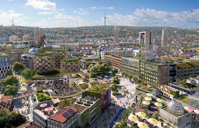 Mehr Luft,  mehr Grün, Gemeinsamkeit: So könnte eine klimagerechte Stuttgarter Innenstadt aussehen.<span class='image-autor'>Foto: www.realutopien.de | Stuttgart Marktplatz, Zukunftsbild 2045 | Reinventing Society & Wire Collective, Foto: Thomas Wagner</span>