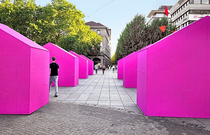 Ungewohntes Bild auf der Königstraße: Zwölf knallbunte Minihäuser versperren den Weg.<span class='image-autor'>Foto: Fotoagentur Stuttgart/Andreas Rosar</span>