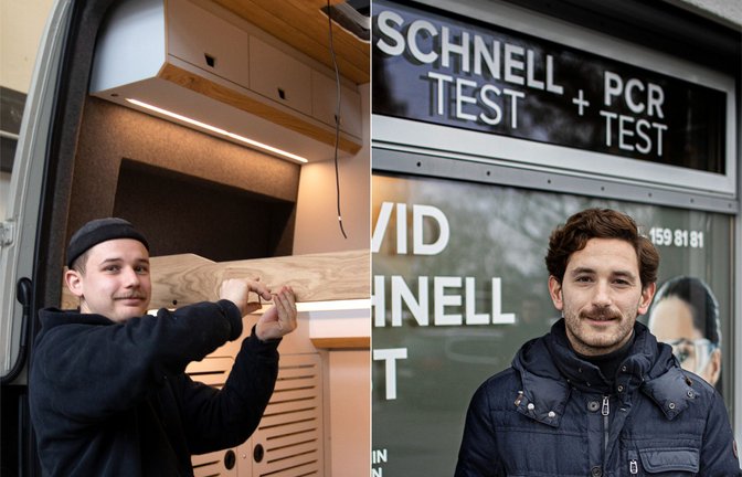 Camper-Ausbauer Lukas Maier (links) und Teststation-Betreiber  Alparslan Bas haben auch dank Corona gute Geschäfte gemacht.<span class='image-autor'>Foto: Horst Rudel</span>