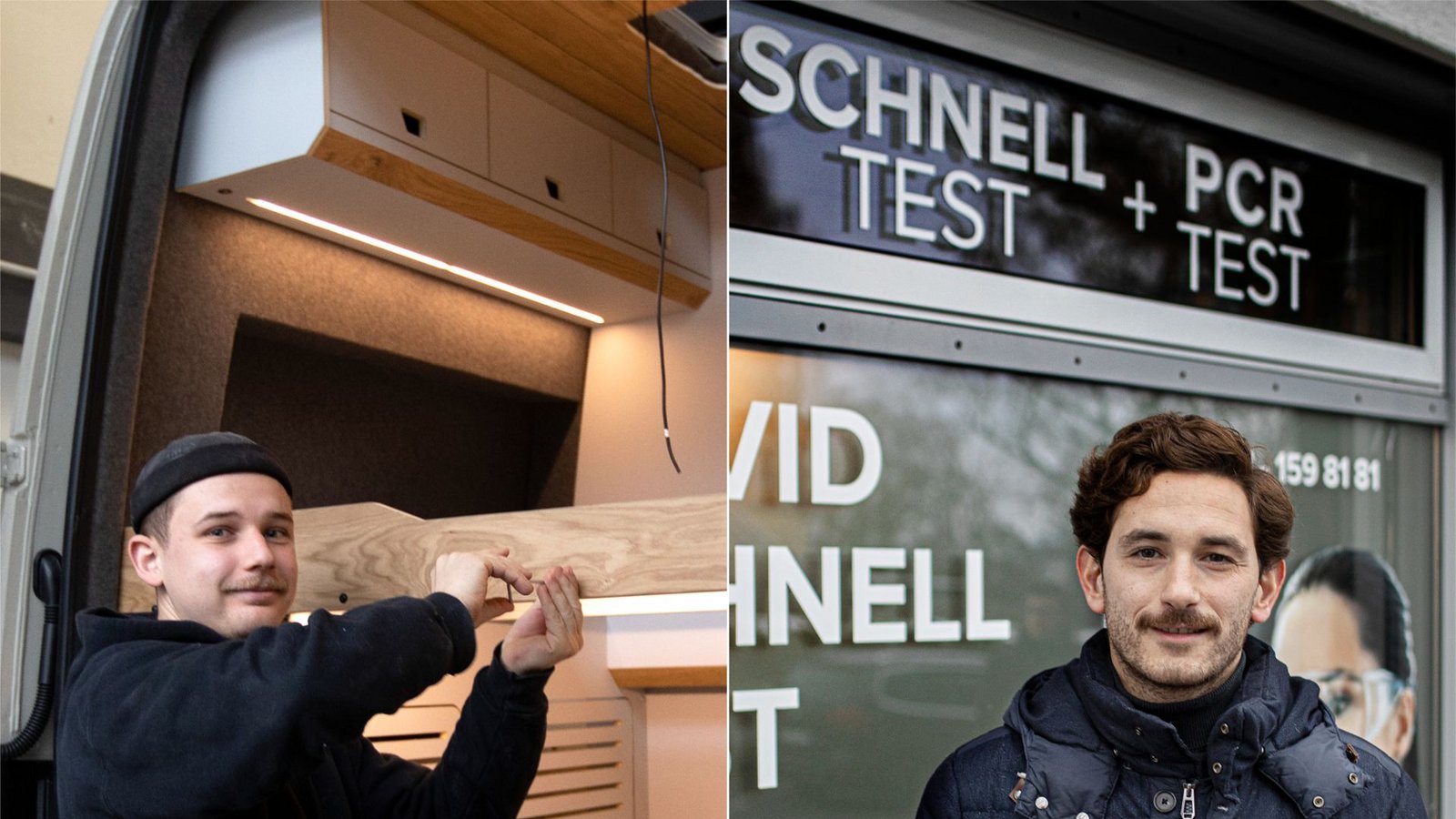 Camper-Ausbauer Lukas Maier (links) und Teststation-Betreiber Alparslan Bas haben auch dank Corona gute Geschäfte gemacht.Foto: Horst Rudel Camper-Ausbauer Lukas Maier (links) und Teststation-Betreiber Alparslan Bas haben auch dank Corona gute Geschäfte gemacht.Foto: Horst Rudel