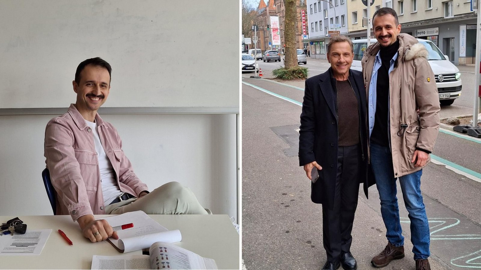 Bedirhan Bedir in seinem Klassenzimmer (links) und am Set mit Schauspieler Richy Müller.Foto: Bedirhan Bedir