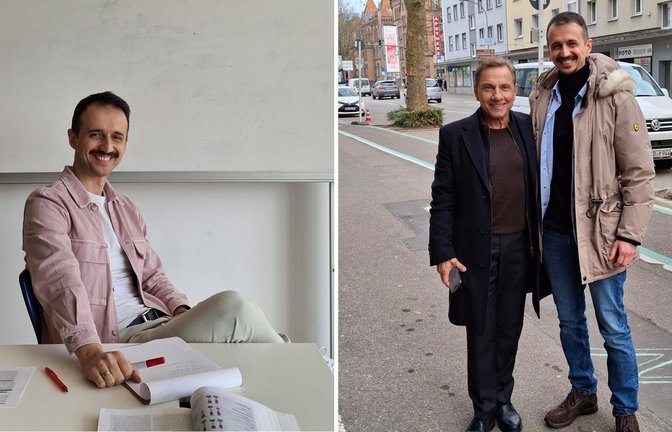 Bedirhan Bedir in seinem Klassenzimmer (links) und am Set mit Schauspieler Richy Müller.<span class='image-autor'>Foto: Bedirhan Bedir</span>