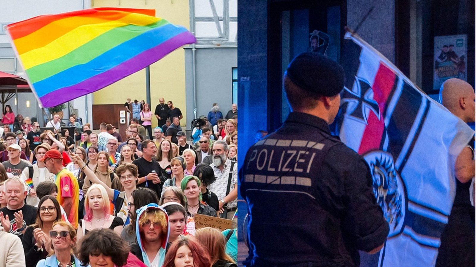 Der Bürgerturmplatz in Albstadt (links) wurde mit hoher Polizeipräsenz vor Gegendemonstranten (rechts) gesichert.Foto: René Wolff Der Bürgerturmplatz in Albstadt (links) wurde mit hoher Polizeipräsenz vor Gegendemonstranten (rechts) gesichert.Foto: René Wolff