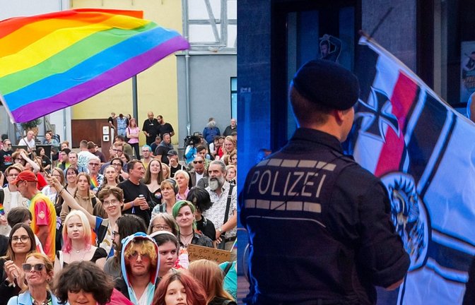 Der Bürgerturmplatz in Albstadt (links) wurde mit hoher Polizeipräsenz vor Gegendemonstranten (rechts) gesichert.<span class='image-autor'>Foto: René Wolff</span>