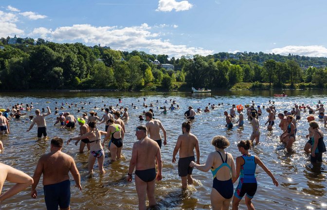 Mehr als 1800 Menschen wollten die rund 3,5 Kilometer lange Strecke schwimmen.<span class='image-autor'>Foto: Daniel Schäfer/dpa</span>