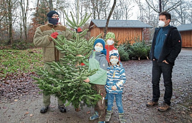 „Unser Baum ist der schönste“, sind sich Paul, Klara und Felix einig. Papa Björn Sämann (rechts) stimmt der Wahl zu.  Foto: Filitz