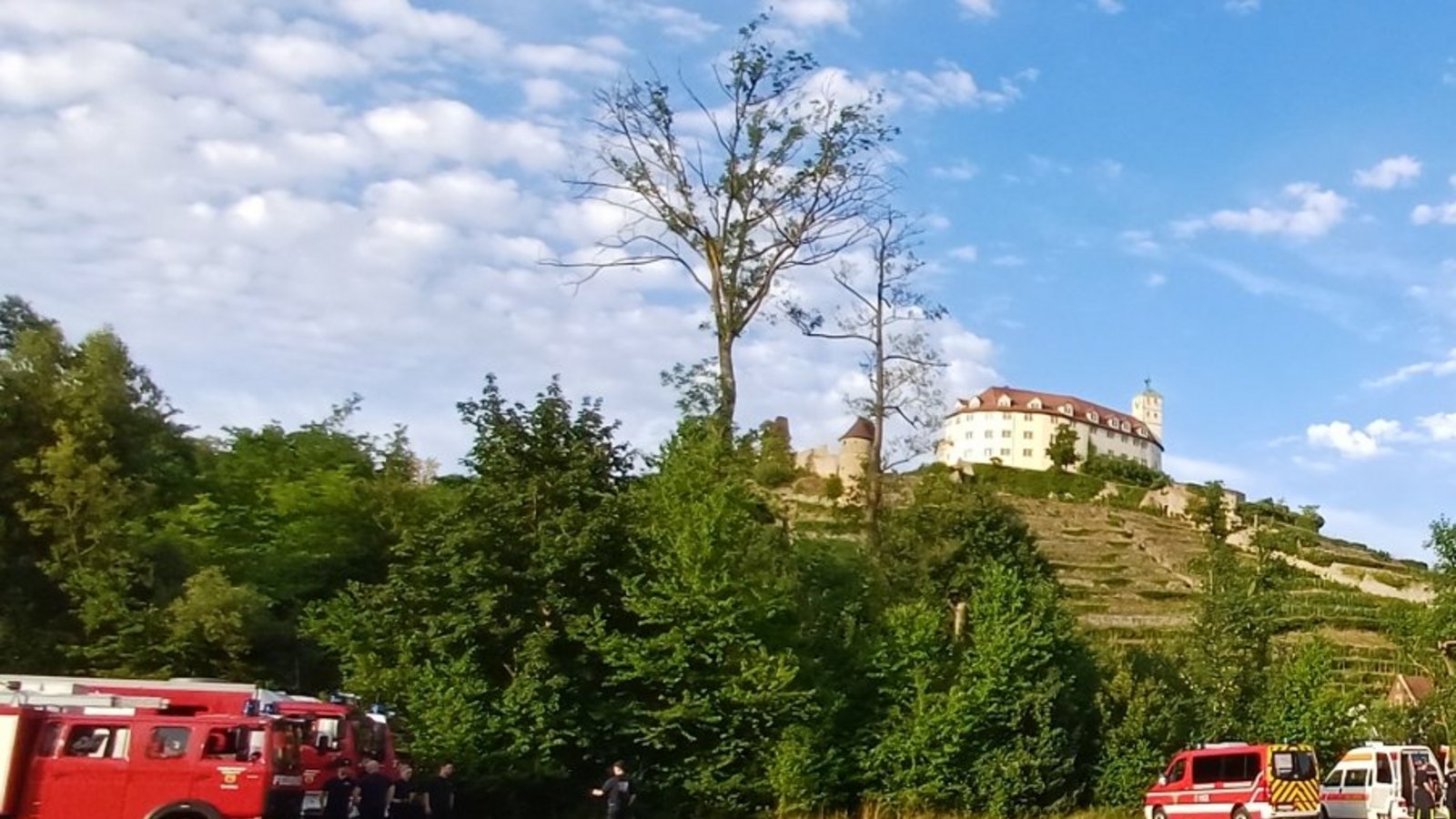 Einsatzfahrzeuge an der Enz unterhalb des Alten Badplatzes zeugen vom Übungseinsatz.