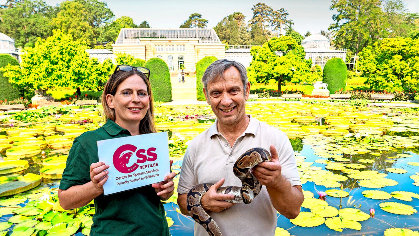 Stefanie Reska, die Leiterin der Stabsstelle Artenschutz, und der Wilhelma-Direktor Thomas Kölpin, mit einer Königspython im Maurischen Garten.Foto: Wilhelma/Birger Meierjohann Stefanie Reska, die Leiterin der Stabsstelle Artenschutz, und der Wilhelma-Direktor Thomas Kölpin, mit einer Königspython im Maurischen Garten.Foto: Wilhelma/Birger Meierjohann