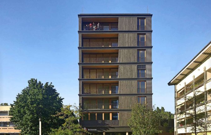 Einer der drei Holzbaupreise 2023 geht an das Hochhaus Buggi 52 in Freiburg im Breisgau.<span class='image-autor'>Foto: Jochen Weissenrieder</span>