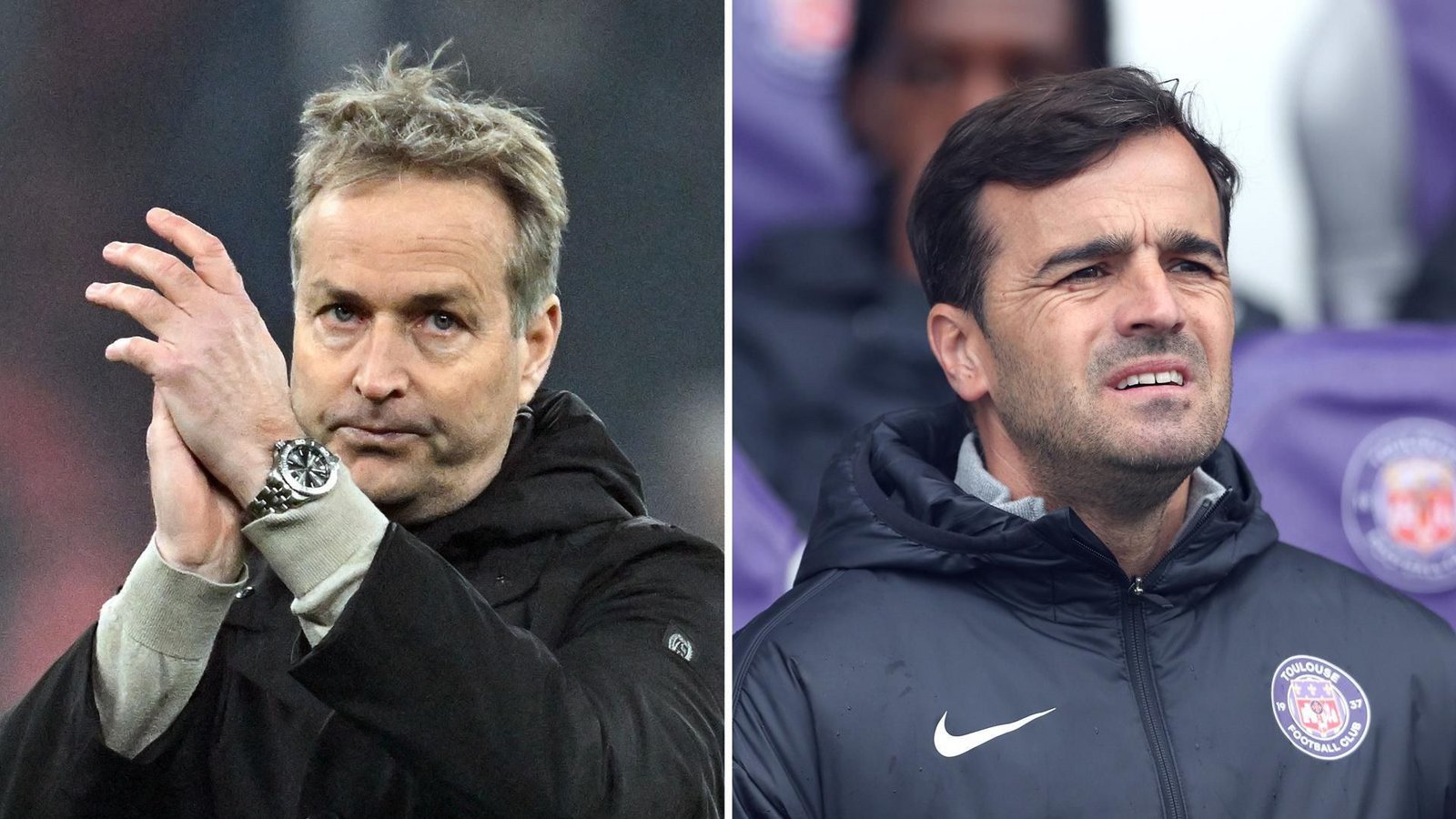 Der Spanier Carles Martínez Novell (rechts) soll bei Bayer Leverkusen den aktuellen Trainer Kasper Hjulmand ersetzen.Foto: AFP/UWE KRAFT / IMAGO/STUDIO FOTOGRAFICO BUZZI SRL