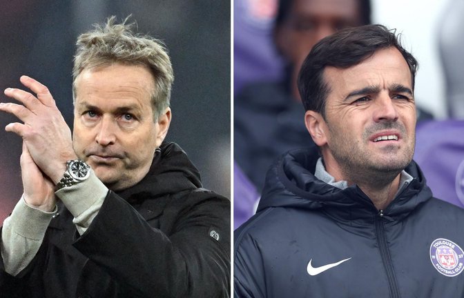 Der Spanier Carles Martínez Novell (rechts) soll bei Bayer Leverkusen den aktuellen Trainer Kasper Hjulmand ersetzen.<span class='image-autor'>Foto: AFP/UWE KRAFT / IMAGO/STUDIO FOTOGRAFICO BUZZI SRL</span>