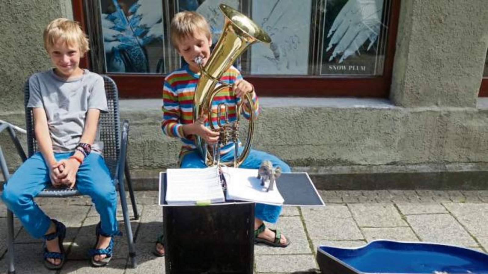 Gewusst wie: Baritonhorn-Spieler Lukas und sein Bruder Samuel aus Ensingen bessern ihr Taschengeld in der Vaihinger Fußgängerzone auf. Foto: Rücker Gewusst wie: Baritonhorn-Spieler Lukas und sein Bruder Samuel aus Ensingen bessern ihr Taschengeld in der Vaihinger Fußgängerzone auf. Foto: Rücker