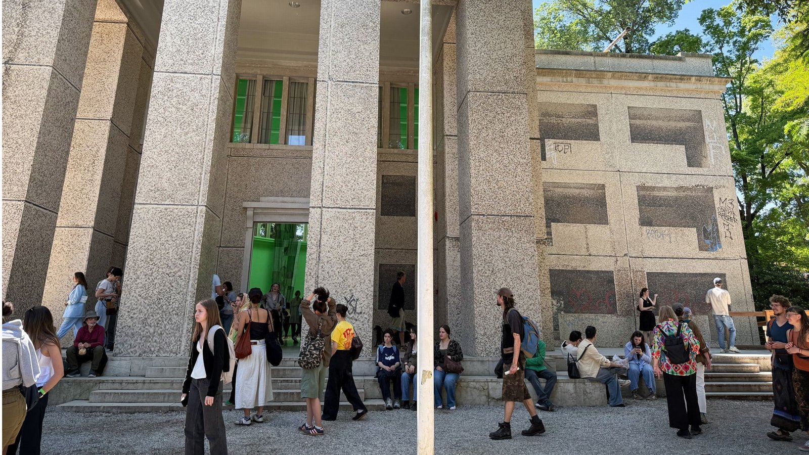 Auf die Fassade des Deutschen Pavillons ist ein Ostberliner Plattenbau samt aufgesprayten Graffitis projiziert.Foto: Sabine Kleyboldt/KNA Auf die Fassade des Deutschen Pavillons ist ein Ostberliner Plattenbau samt aufgesprayten Graffitis projiziert.Foto: Sabine Kleyboldt/KNA
