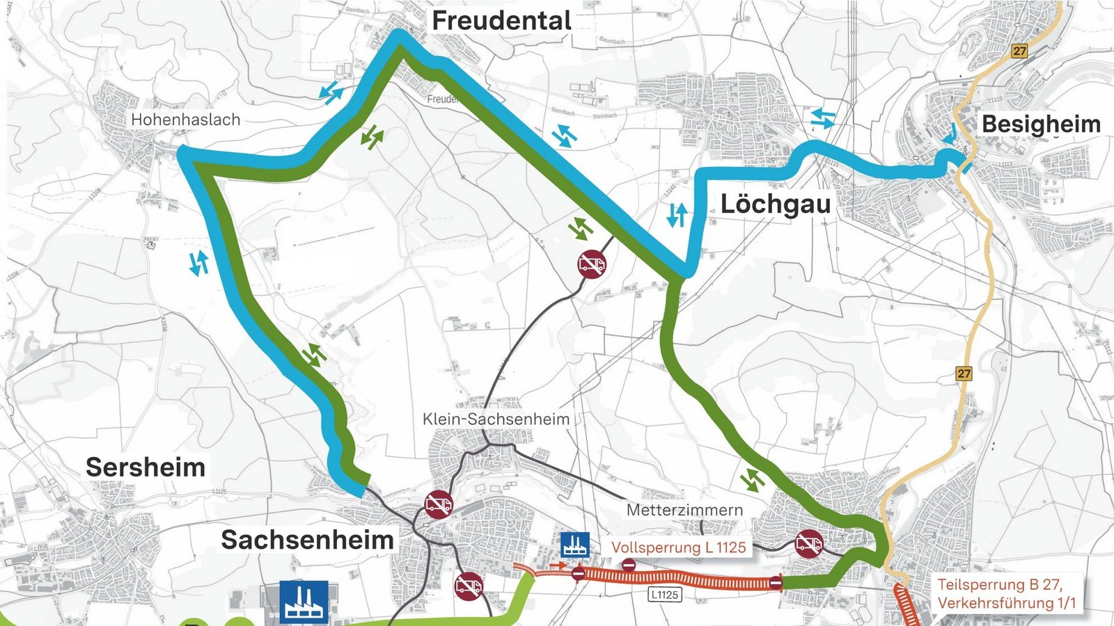 Die Landesstraße 1125 wird zwischen Sachsenheim und Bietigheim gesperrt, die Umleitung führt über Freudental.  Grafik: RP Stuttgart