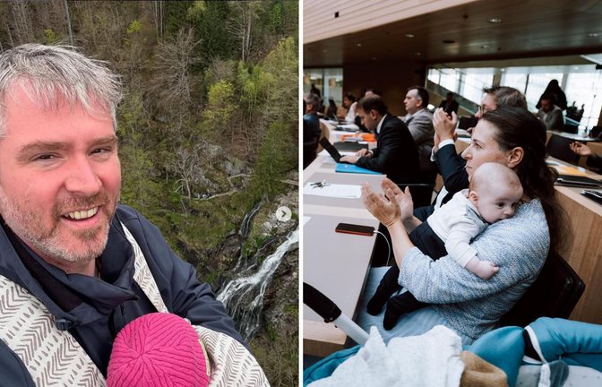 Natalie Pfau-Weller aus Kirchheim/Teck (rechts) nahm ihren Sohn mit in die Sitzungen des Landtags. Jonas Hoffmann aus Lörrach will Politiker sein und trotzdem präsent bei seinen Töchtern.<span class='image-autor'>Foto: privat/Marcel Dietrich</span>