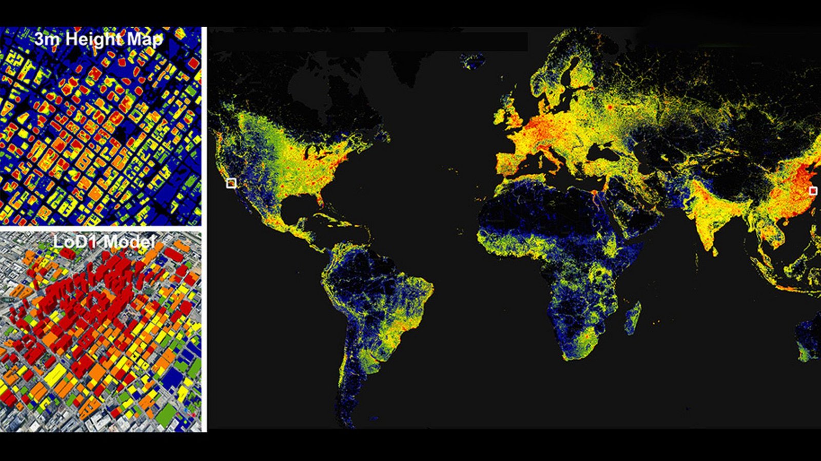 Der GlobalBuildingAtlas zeigt Zahl und Größe von 2,75 Milliarden Gebäuden weltweit – mit einer räumlichen Auflösung von drei Metern. Hier das farbkodierte Gebäudevolumen.Foto: © Zhu et al./ESSD/CC-by 4.0 Der GlobalBuildingAtlas zeigt Zahl und Größe von 2,75 Milliarden Gebäuden weltweit – mit einer räumlichen Auflösung von drei Metern. Hier das farbkodierte Gebäudevolumen.Foto: © Zhu et al./ESSD/CC-by 4.0