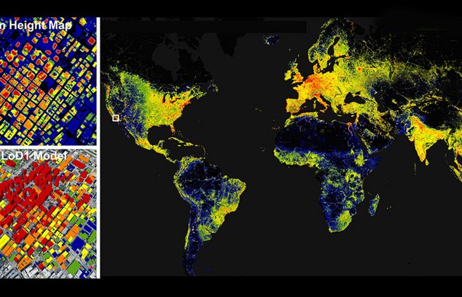 Der GlobalBuildingAtlas zeigt Zahl und Größe von 2,75 Milliarden Gebäuden weltweit – mit einer räumlichen Auflösung von drei Metern. Hier das farbkodierte Gebäudevolumen.<span class='image-autor'>Foto: © Zhu et al./ESSD/CC-by 4.0</span>