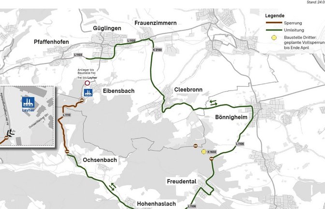 Da geht's lang: Wegen der Sanierung der Landesstraße 1100 wird der Verkehr umgeleitet. Grafik: Regierungspräsidium Stuttgart
