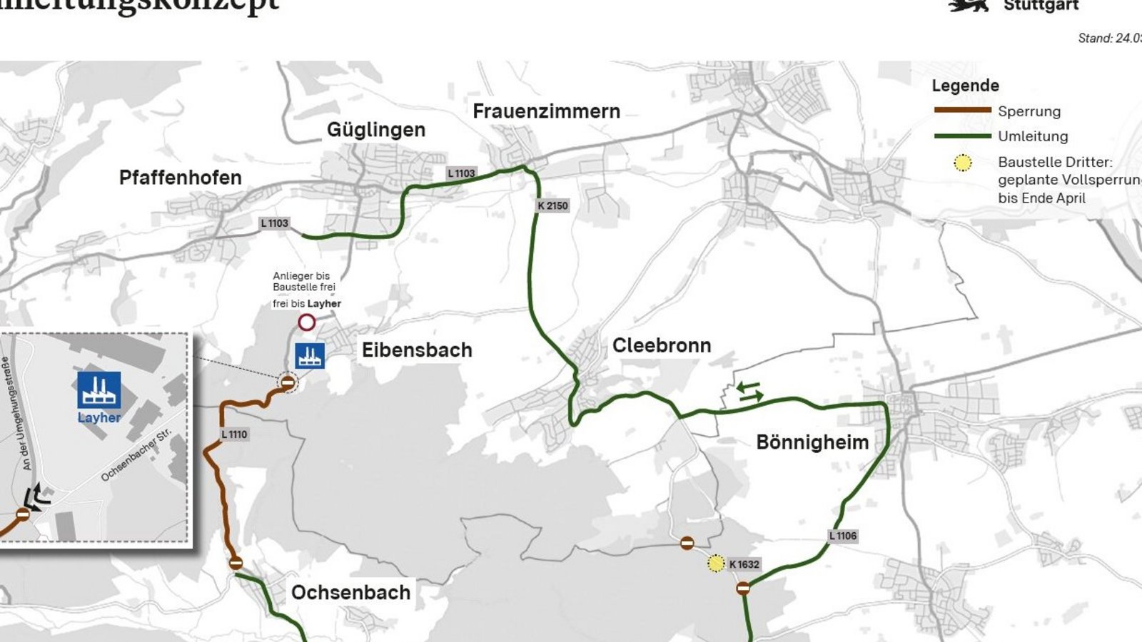 Da geht's lang: Wegen der Sanierung der Landesstraße 1100 wird der Verkehr umgeleitet. Grafik: Regierungspräsidium Stuttgart Da geht's lang: Wegen der Sanierung der Landesstraße 1100 wird der Verkehr umgeleitet. Grafik: Regierungspräsidium Stuttgart