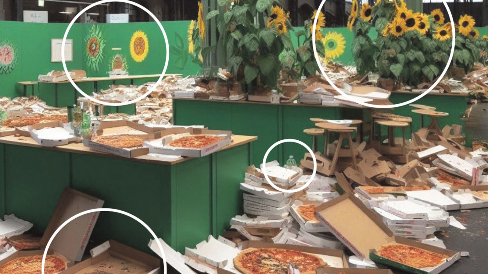 Pizzaschachteln in Trapezform, Sonnenblumen ohne Tiefe, eine merkwürdige Wasserflasche, falsche Logos – laut Experten deutet viel an dem Bild auf eine KI-Fälschung hin.Foto: X/Grafik: Locke Pizzaschachteln in Trapezform, Sonnenblumen ohne Tiefe, eine merkwürdige Wasserflasche, falsche Logos – laut Experten deutet viel an dem Bild auf eine KI-Fälschung hin.Foto: X/Grafik: Locke