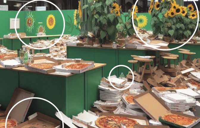 Pizzaschachteln in Trapezform, Sonnenblumen ohne Tiefe, eine merkwürdige Wasserflasche, falsche Logos – laut Experten deutet viel an dem Bild auf eine KI-Fälschung hin.<span class='image-autor'>Foto: X/Grafik: Locke</span>