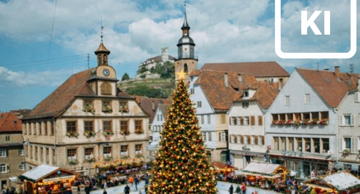 Geht es nach den Wünschen der Schüler der Kleinglattbacher Ottmar-Mergenthaler-Realschule, steht im Winter eine Schlittschuhbahn auf dem Vaihinger Marktplatz, wie dieses mit KI erstellte Bild zeigt. Foto: p