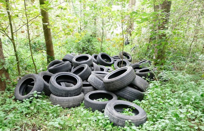 Diese Altreifen entsorgten Unbekannte an einem Waldstück in Ulm.<span class='image-autor'>Foto: Polizeipräsidium Ulm</span>
