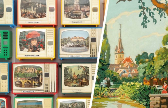 Idylle in der Kunst und bei Alltagsobjekten im Kleihues-Bau in Kornwestheim.  Collage: p