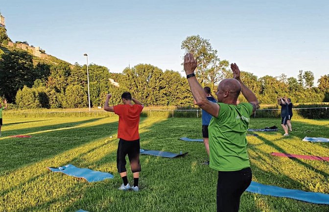 Viel Platz um sich herum und sogar Schloss Kaltenstein im Blick – für die Jedermänner des TV Vaihingen war das Training auf dem alten Badplatz eine gute Alternative zur Zwangspause. Fotos: privat
