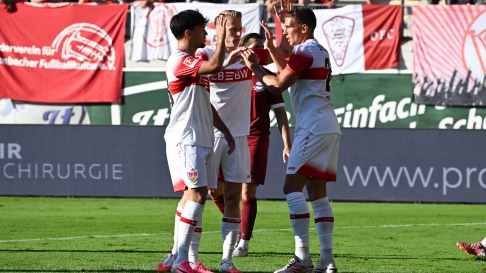 29.07.2026, xsltx, Fussball Testspiel, Kickers Offenbach - VfB Stuttgart v.l. Jubel nach dem 2:0 von Chris Führich VfB Stuttgart/Mitte DFL/DFB REGULATIONS PROHIBIT ANY USE OF PHOTOGRAPHS as IMAGE SEQUENCES and/or QUASI-VIDEO *** July 29, 2026, xsltx, soccer friendly match, Kickers Offenbach vs. VfB Stuttgart Jubilation after Chris Führichs 20 goal, VfB Stuttgart, center. DFL and DFB regulations prohibit any use of photographs as image sequences and/or quasi-video.IMAGO/Jan Huebner 29.07.2026, xsltx, Fussball Testspiel, Kickers Offenbach - VfB Stuttgart v.l. Jubel nach dem 2:0 von Chris Führich VfB Stuttgart/Mitte DFL/DFB REGULATIONS PROHIBIT ANY USE OF PHOTOGRAPHS as IMAGE SEQUENCES and/or QUASI-VIDEO *** July 29, 2026, xsltx, soccer friendly match, Kickers Offenbach vs. VfB Stuttgart Jubilation after Chris Führichs 20 goal, VfB Stuttgart, center. DFL and DFB regulations prohibit any use of photographs as image sequences and/or quasi-video.IMAGO/Jan Huebner