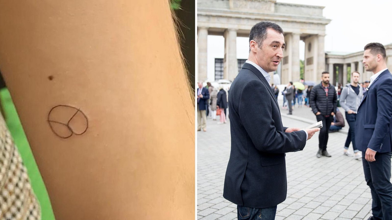 Die Grünen haben auf ihrer Wahlparty kostenlose Tattoos angeboten. Der Grünen-Politiker Cem Özdemir bekommt seit Jahren Polizeischutz. Das Bild zeigt ihn 2016 vor dem Brandenburger Tor.Foto: StZN/dpa/Kay Nietfeld
