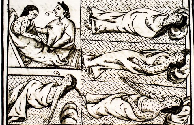 Die Einwohner der aztekischen Stadt Tenochtitlan sterben zu Tausenden an Pocken, die von spanischen Erobern nach Mittelamerika gebracht wurden (Auszug aus dem Florentine Codex, 16. Jahrhundert).<span class='image-autor'>Imago/Dreamstime</span>