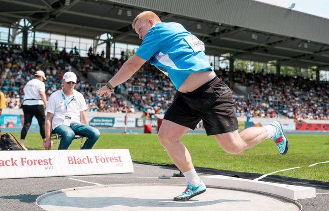 Schon nach den ersten beiden Versuchen den Titel so gut wie in der Tasche: Am Ende knackte Kugelstoßer Eric Maihöfer auch noch die 20-Meter-Marke.<span class='image-autor'>Eibner/Stefan Mayer</span>