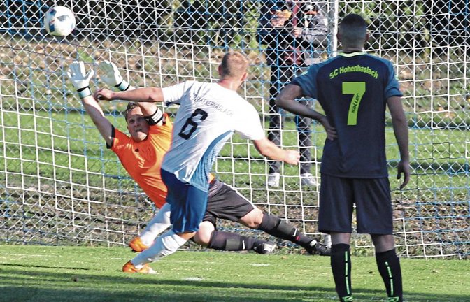 SGM-Torwart Philipp Kummer (hinten) erahnt zwar die Ecke, ist beim Strafstoß von Pascal Hirsch aber machtlos. Foto: Nachreiner