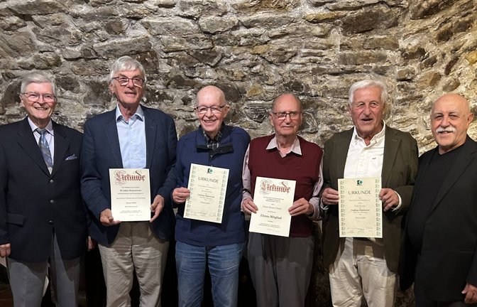 Dieter Schaile vom Landesverband Südwest mit den Ausgezeichneten (von links): Günter Klein, Johann Höller, Dr. Günter Prade, Bruno Fetzer und Walter Marchart. <span class='image-autor'>Fotos: Staudacher</span>