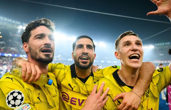 Treffen im Champions-League-Finale nun auf Real Madrid: Dortmunds Mats Hummels (l-r), Emre Can und Nico Schlotterbeck.<span class='image-autor'>Foto: Robert Michael/dpa</span>